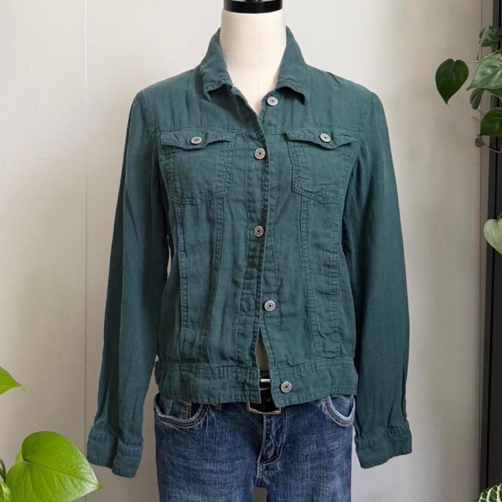 Jones New York JNY Teal Green 100% Linen Button Up Jacket Petite Small